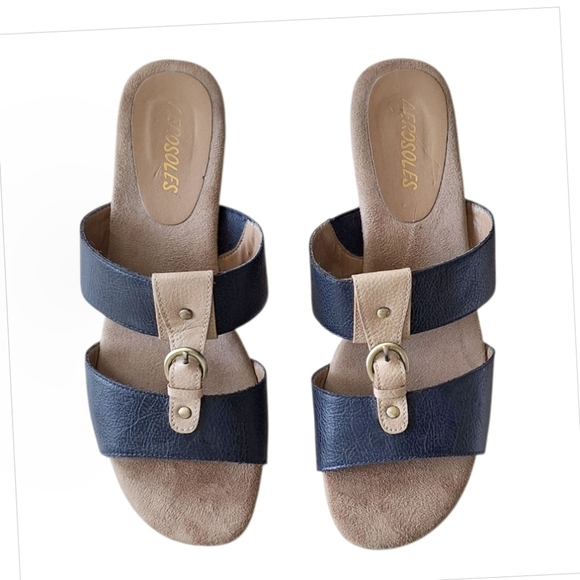 Aerosoles Yet It Be Black and Tan Wedge Sandals Coastal Preppy Summer 7.5 - Picture 2 of 7